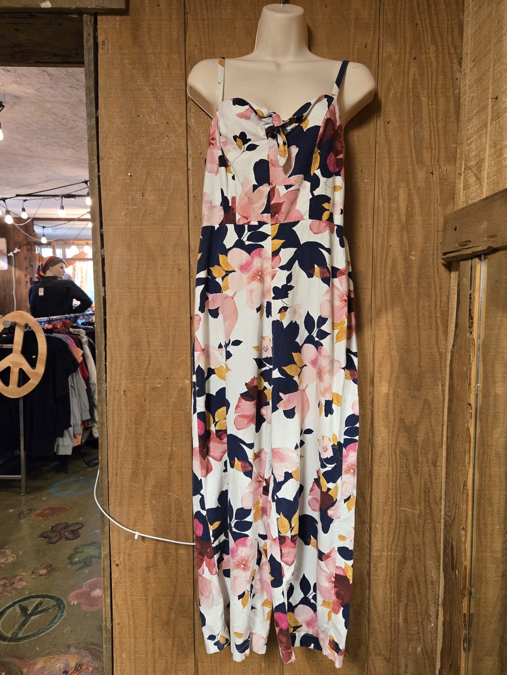 Old Navy White Floral Maxi Jumpsuit with Pink Navy and Mustard Accents